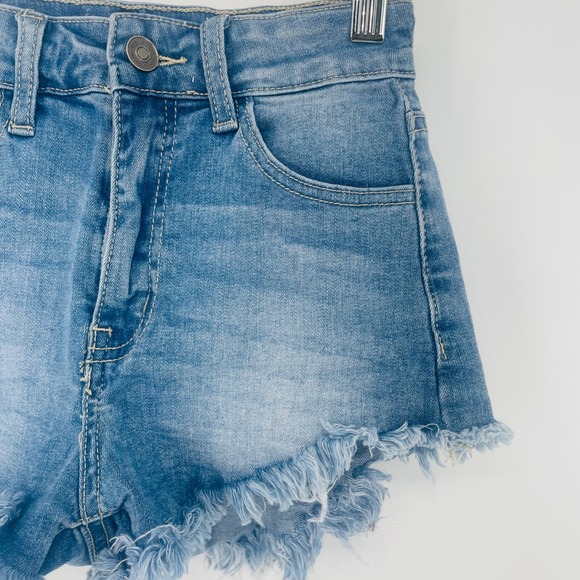 KanCan Distressed Denim Micro Shorts Frayed Hem Blue Size 0 Y2K Style Mini - Picture 3 of 8